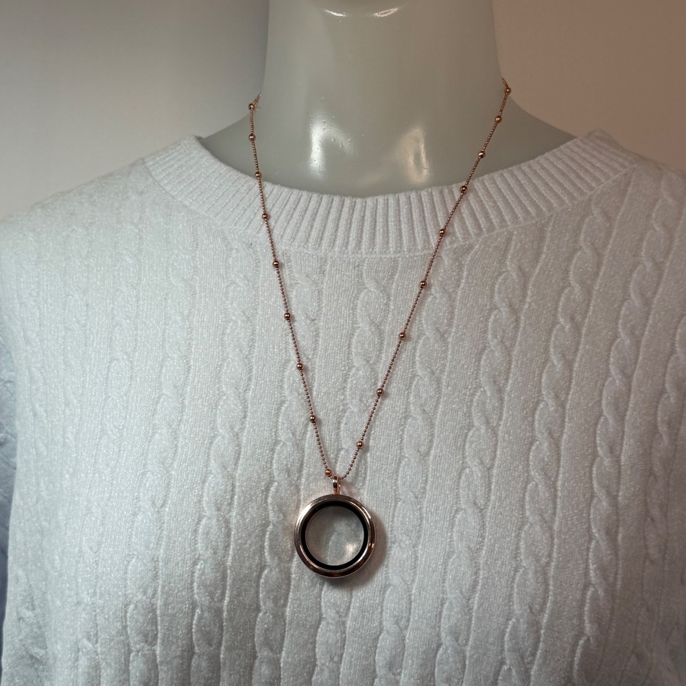 Rose Gold Tone Floating Locket Necklace Circular Glass Magnetic Pendant 30 Inch